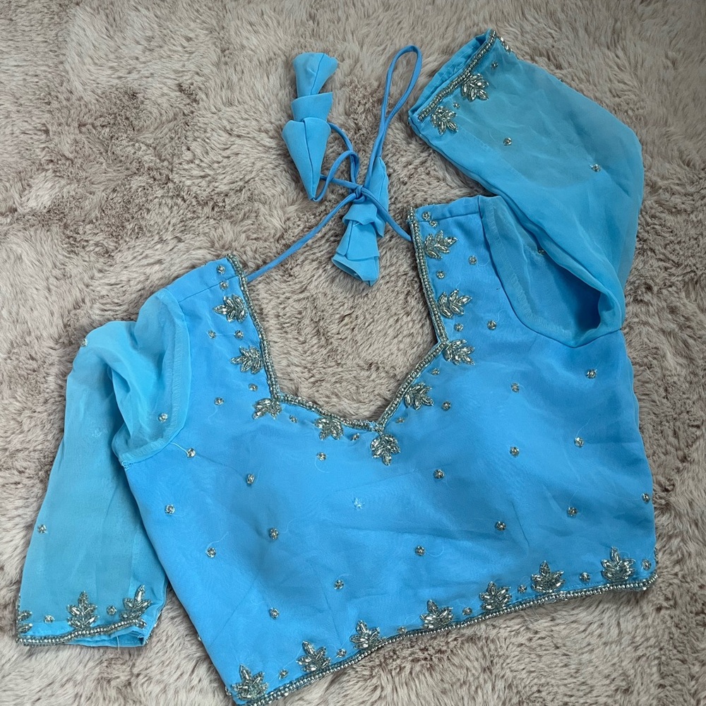 Chic Sky Blue Embellished Women's Blouse